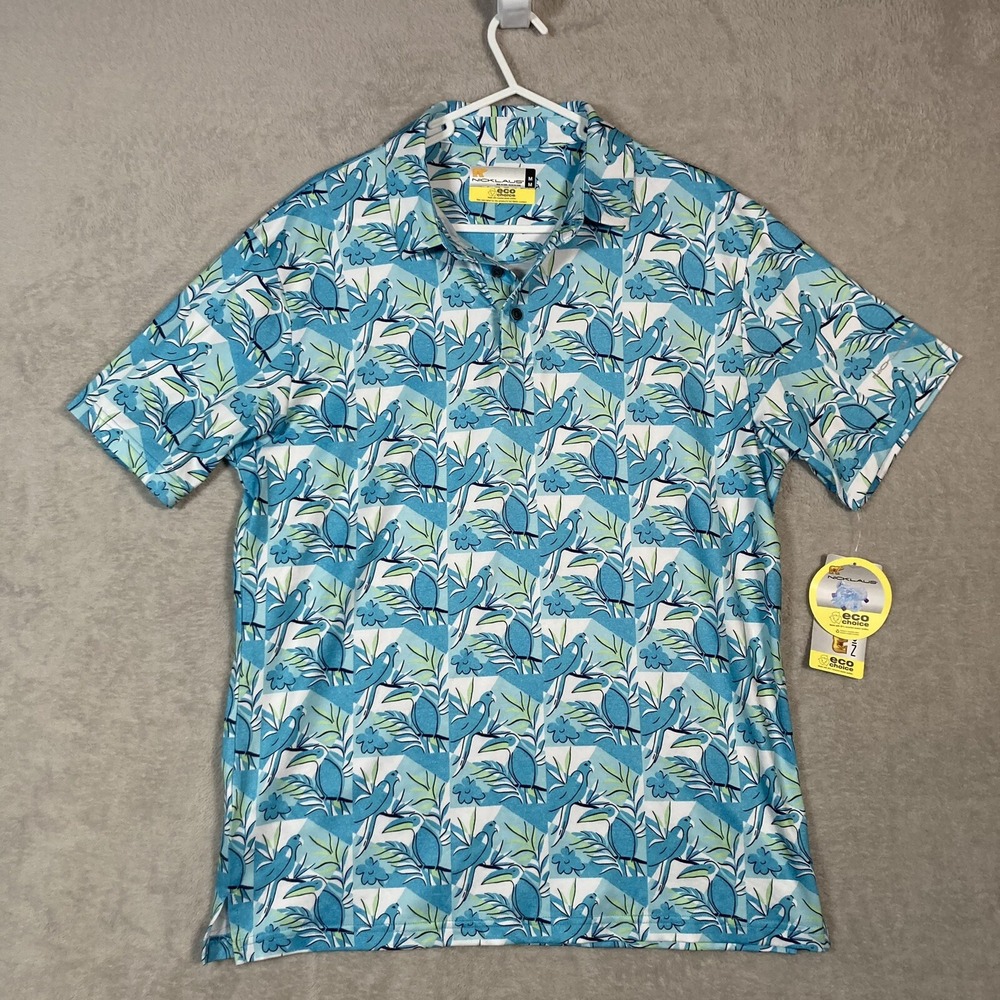 Nicklaus Polo Shirt Mens Medium Blue Tropical Bird Print Eco Choice Golf‎ NEW